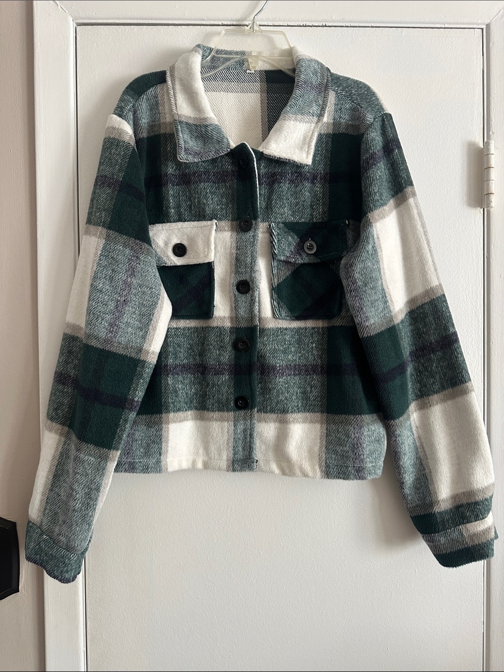 Womens Green & White Plaid Shacket Jacket